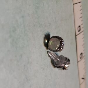 Elegant Silver Stud Earrings With Opals And Moissanite Stones Surrounding